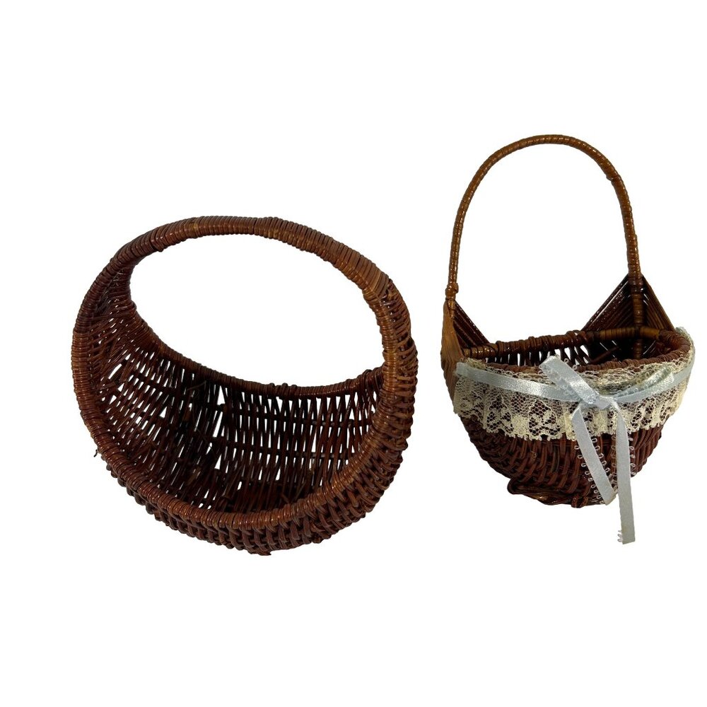 Vintage Lot 2 Small Brown Baskets Wicker Rattan Cottage Core Round Wall Hanging